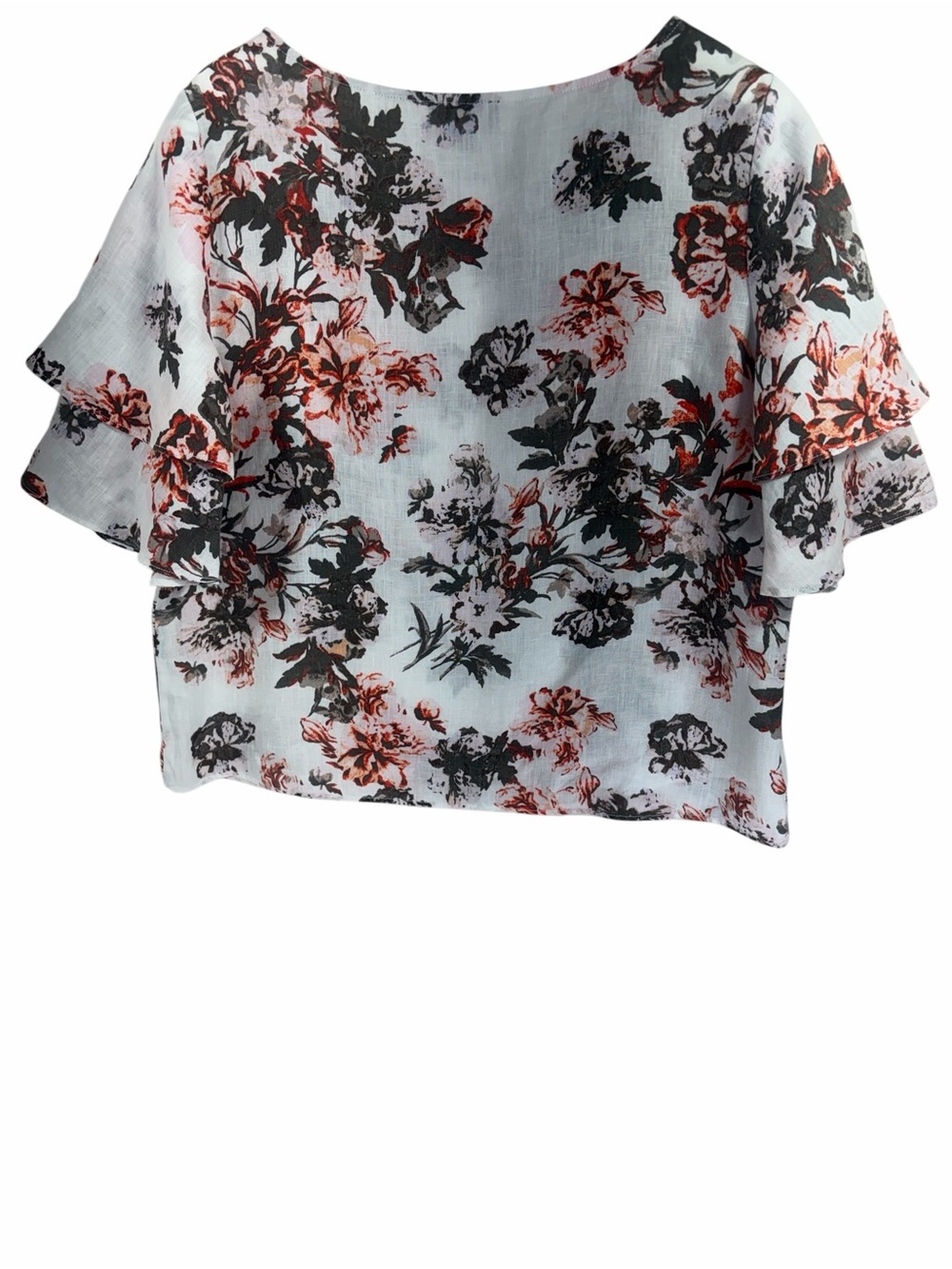 LORD & TAYLOR Floral Ruffle Sleeve Crop Top print medium petite - Picture 4 of 9